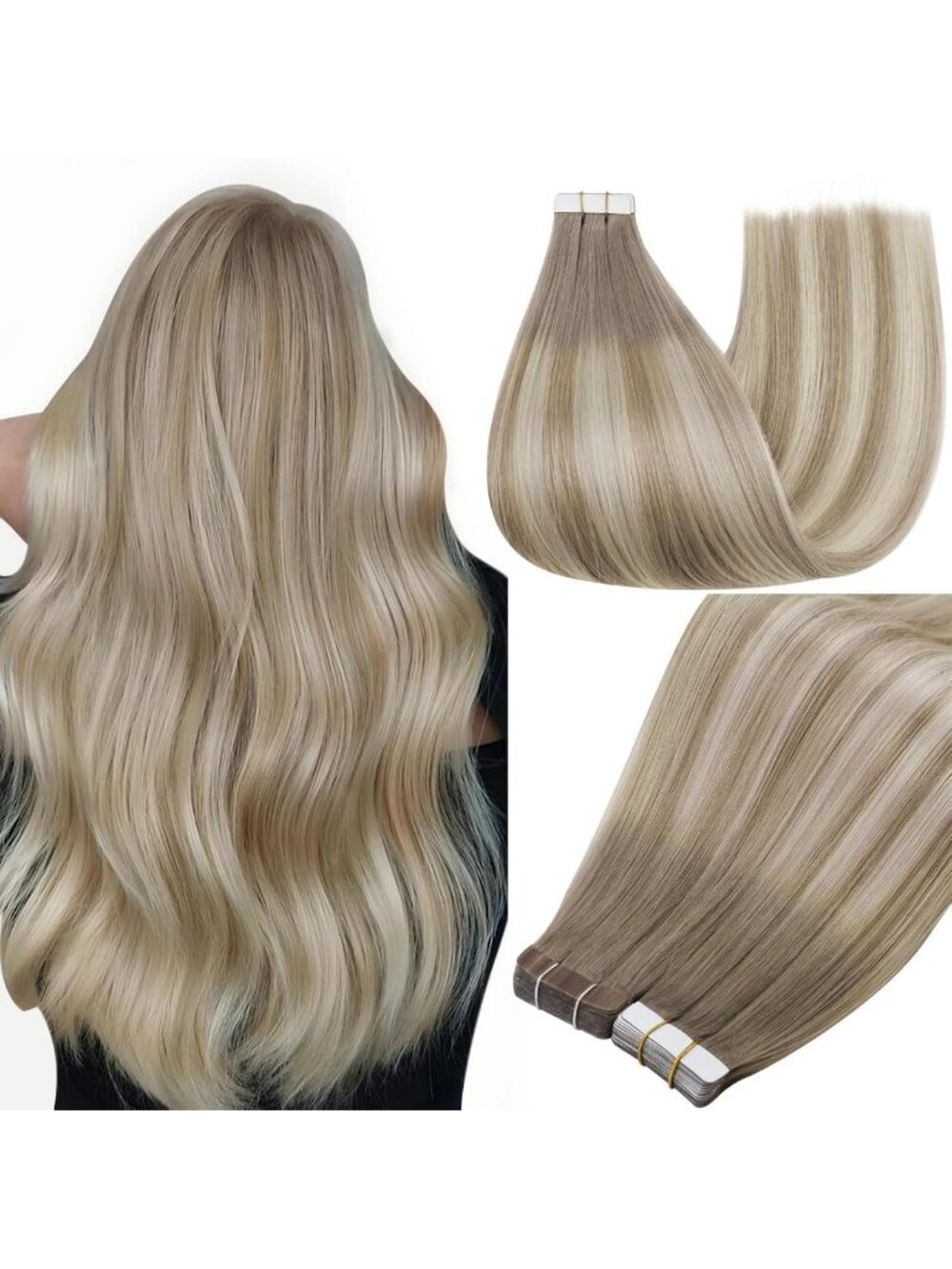 Balayage Tape-In Hair Extensions 16" Grey to Ash Brown & Blonde, Seamless 20 Pcs